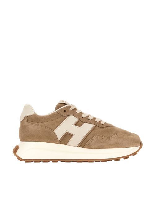 Sneakers da donna in pelle scamosciata con H laterale in nabuk colore avorio sullo sfondo beige HOGAN | HXW6410EH41FM63674